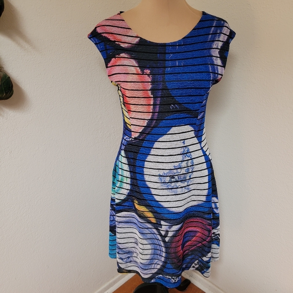 Desigual Blue White and Red Knit Dress Cap Sleeves